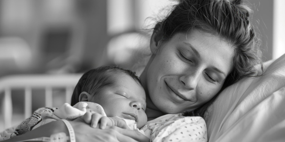 A single mother holding her baby after successful IVF treatment.