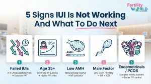 Infographic by Fertility World titled “5 Signs IUI Is Not Working and What to Do Next,” highlighting failed IUI cycles, age 35+, low AMH, male factor infertility, and endometriosis or PCOS as reasons to consider IVF.