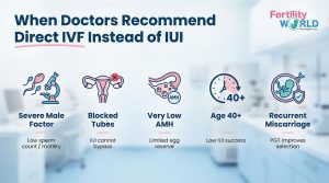 Infographic by Fertility World titled “When Doctors Recommend Direct IVF Instead of IUI,” highlighting severe male factor infertility, blocked fallopian tubes, very low AMH, age over 40, and recurrent miscarriage as reasons to choose IVF over IUI.
