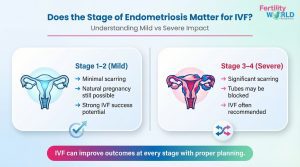 Infographic by Fertility World titled “Does the Stage of Endometriosis Matter for IVF?” comparing stage 1–2 (mild) with minimal scarring and strong IVF potential to stage 3–4 (severe) with significant scarring, possible blocked tubes, and IVF often recommended.