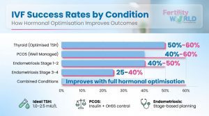 Bar chart by Fertility World titled “IVF Success Rates by Condition – How Hormonal Optimisation Improves Outcomes,” showing success rates for optimised thyroid (50–60%), well-managed PCOS (40–60%), endometriosis stage 1–2 (40–50%), stage 3–4 (25–40%), and improved outcomes with full hormonal optimisation.
