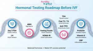 Infographic by Fertility World titled “Hormonal Testing Roadmap Before IVF,” outlining key fertility tests including Day 3 FSH, LH, AMH, fasting insulin, HOMA-IR, TSH, Free T3/T4, Anti-TPO, prolactin, vitamin D, and CRP to improve IVF success potential.