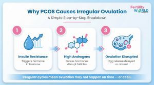 Infographic by Fertility World titled “Why PCOS Causes Irregular Ovulation,” showing a step-by-step process where insulin resistance leads to high androgens, which disrupt ovulation and cause irregular or absent egg release.